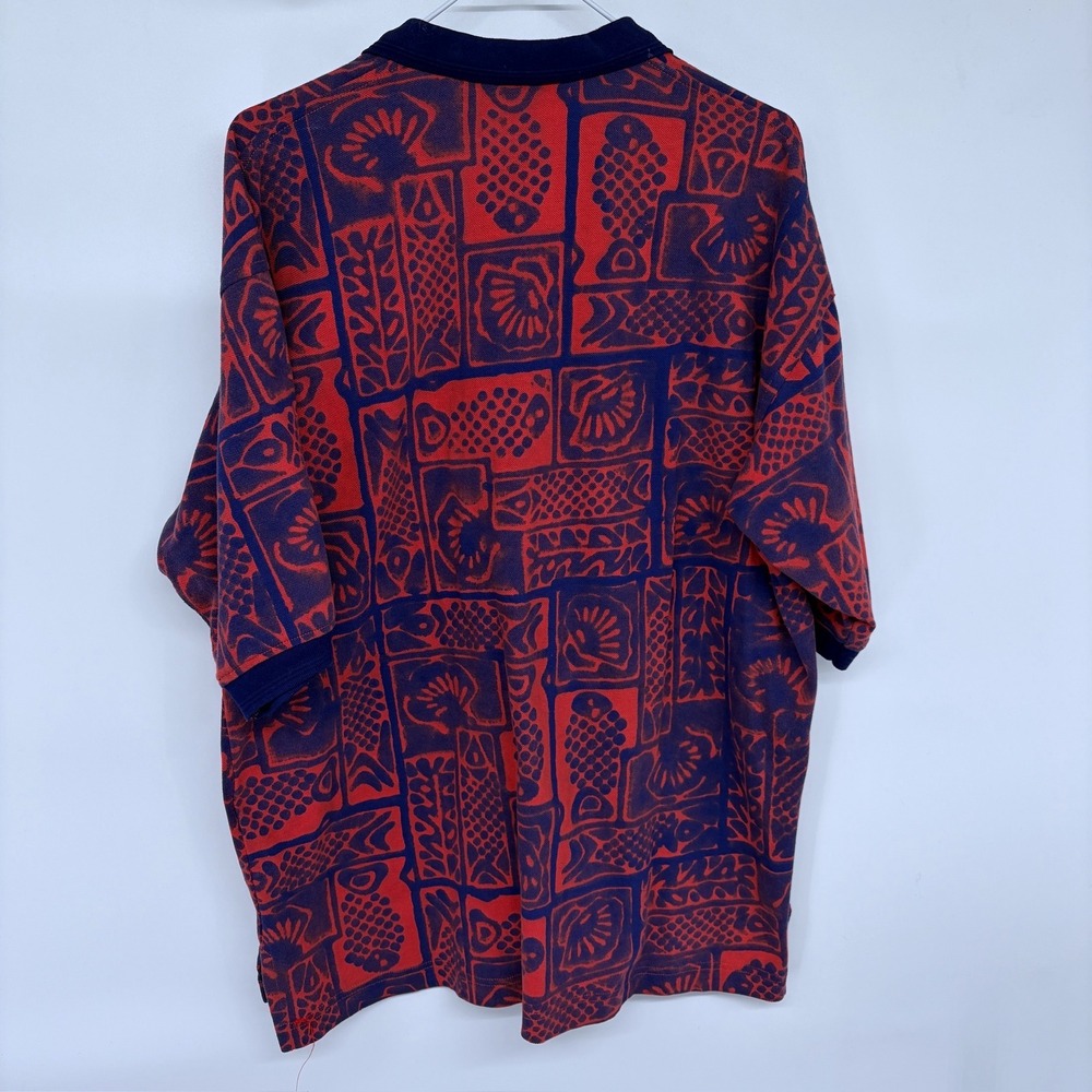 Vintage Back East Fishbones Aztec Pattern Polo Shirt Large Orange Blue 90s - Picture 4 of 6